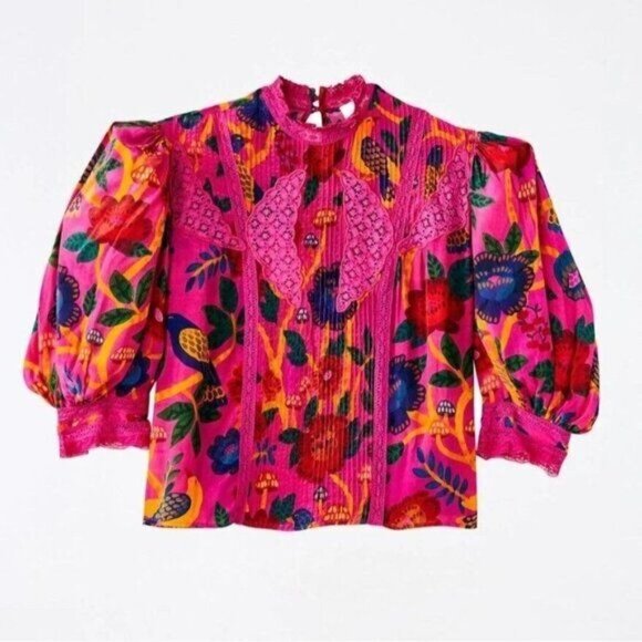 Farm Rio Blouse S Pink Sweet Forest Lace Tropical Floral High Neck Pin - Picture 7 of 15